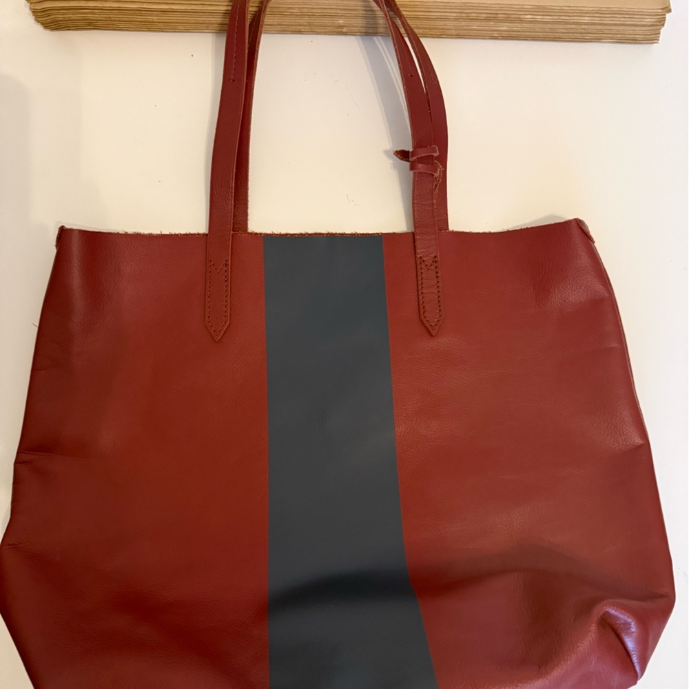 Red Leather Tote Bag with Blue Stripe - Women's Shoulder Bag J Crew